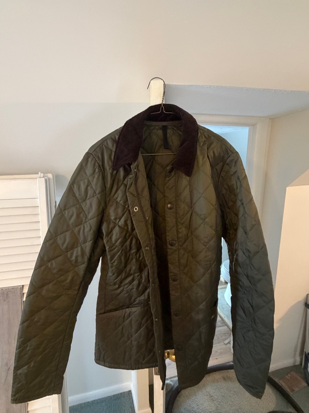 Barbour Quilted Field Jacket in Olive Green with Dark Corduroy Collar